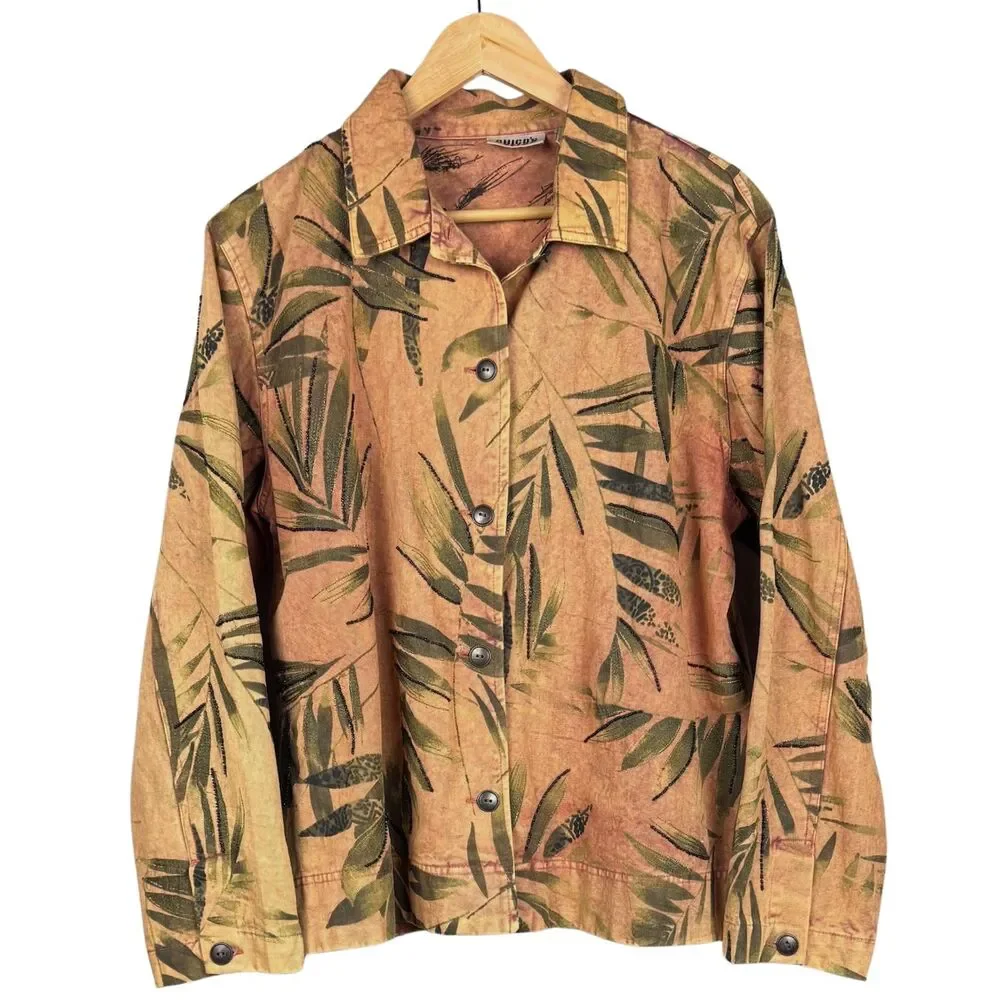 Vintage Chico's Design Jacket Denim Palm Leaf Beaded Embroidered Rust Size‎ 3/XL